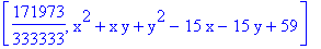 [171973/333333, x^2+x*y+y^2-15*x-15*y+59]